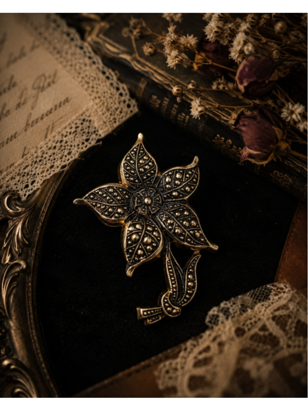 Vintage Gold Tone Marcasite Style Flower Brooch Floral Pin Victorian Revival